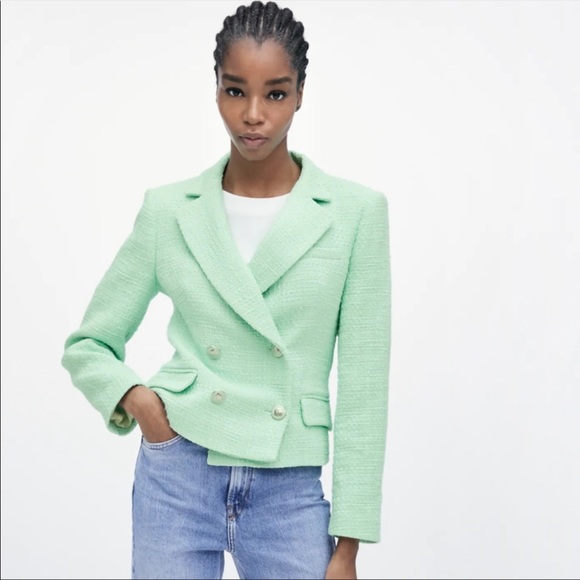 ZARA BLOGGER 2 Piece Co-ord Set Mint Green Textured Blazer Suit Jacket & Skort S - Picture 12 of 17